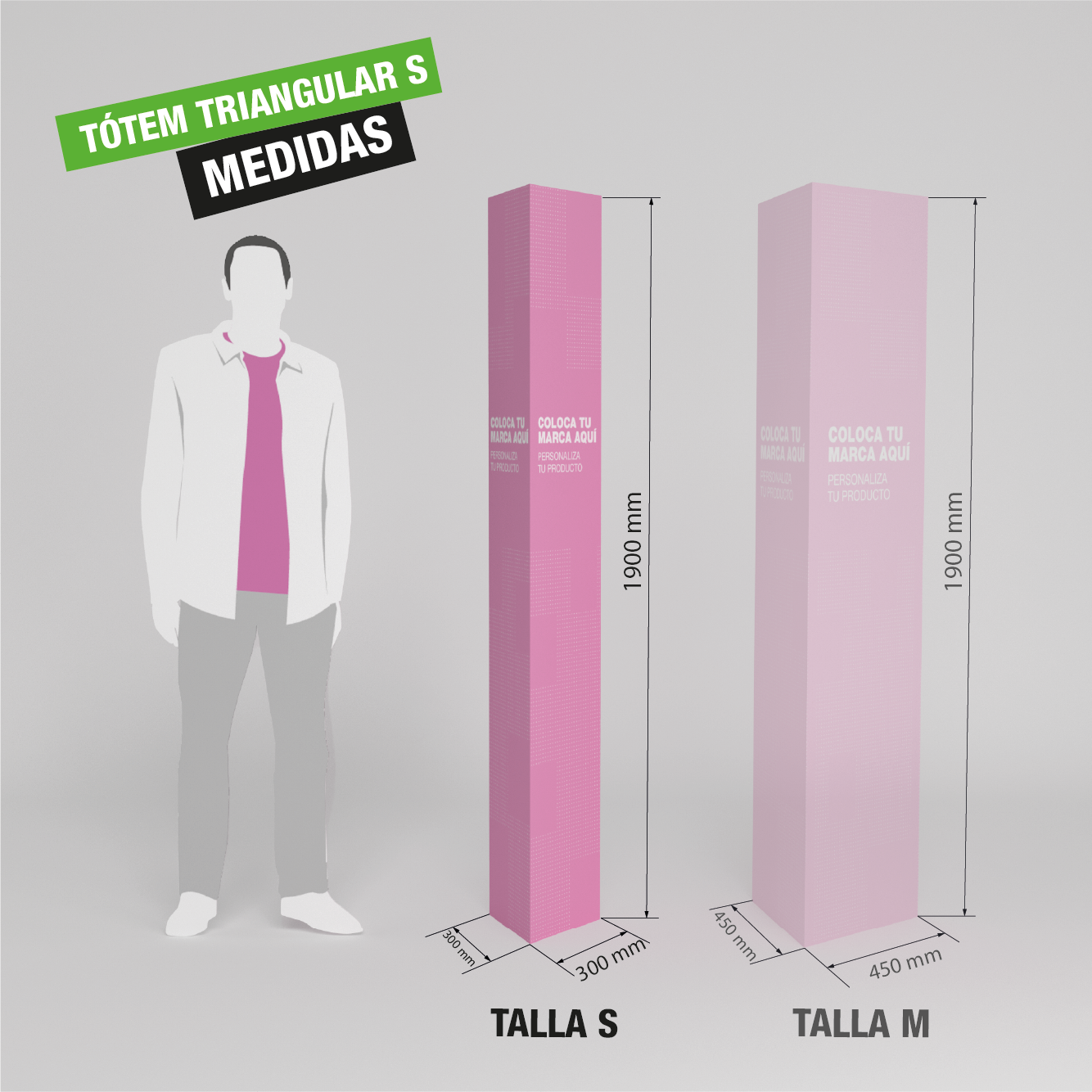 Tótem triangular pequeño con gráfica personalizada, ideal para señalización en mostradores